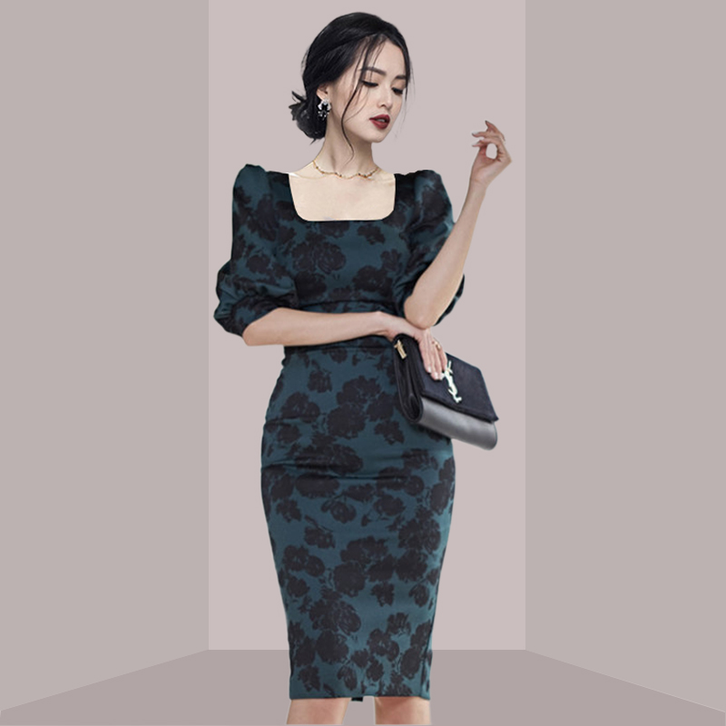 French Vintage Floral Midi Dress - Elegante abito midi a stampa floreale,