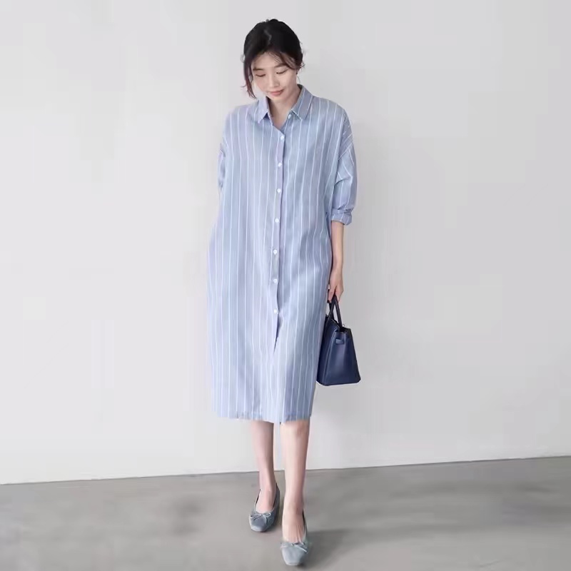 Korean Style A Line Shirt Dress - Abito Camicia a Righe Blu da